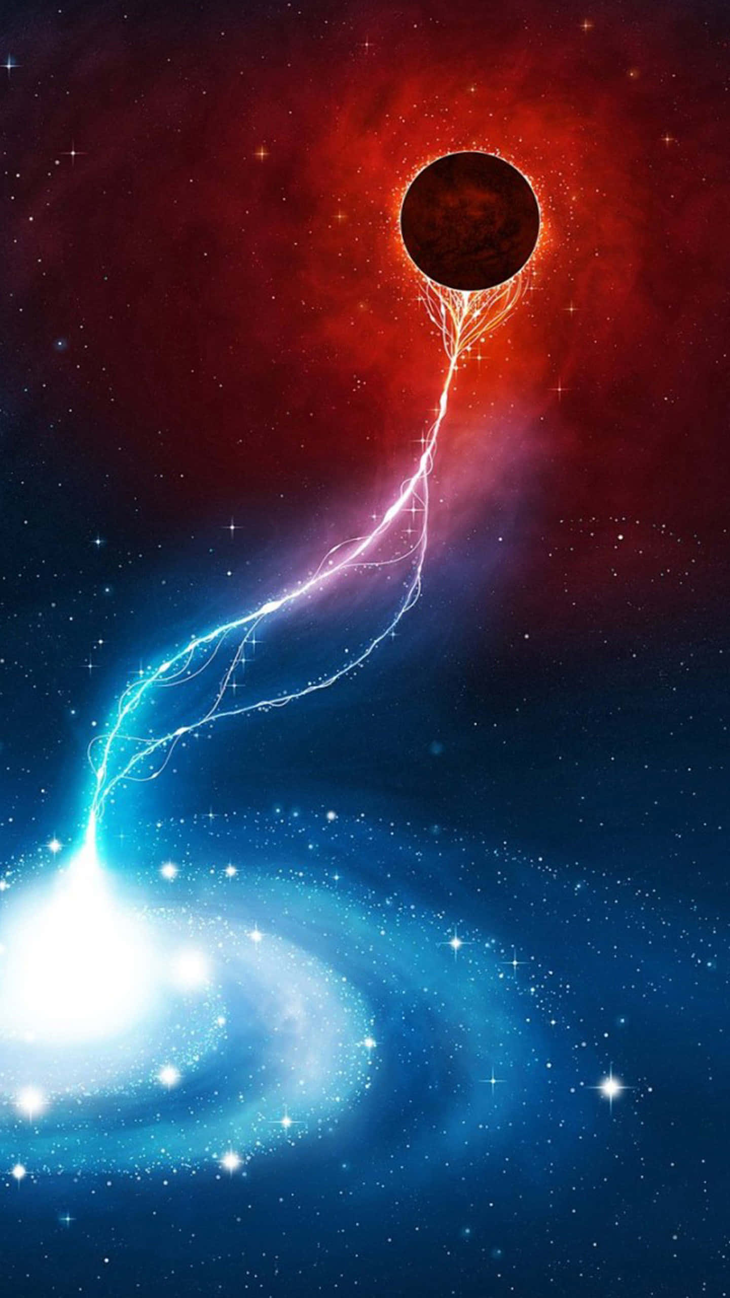 高解析度銀河黑洞背景 壁紙 — 一個帶有發光觸手的宇宙黑洞，從明亮的藍色螺旋星系中吸取能量，背景是佈滿星星的紅色和藍色星雲。