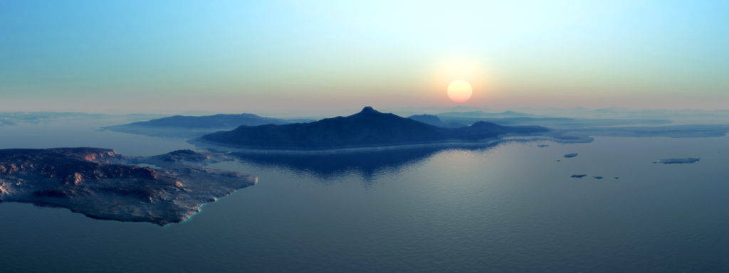 高解析度雙螢幕島嶼風景 壁紙 — 寧靜的日出，廣闊的海洋上霧氣繚繞的島嶼，平靜的水面反射著金色的太陽。