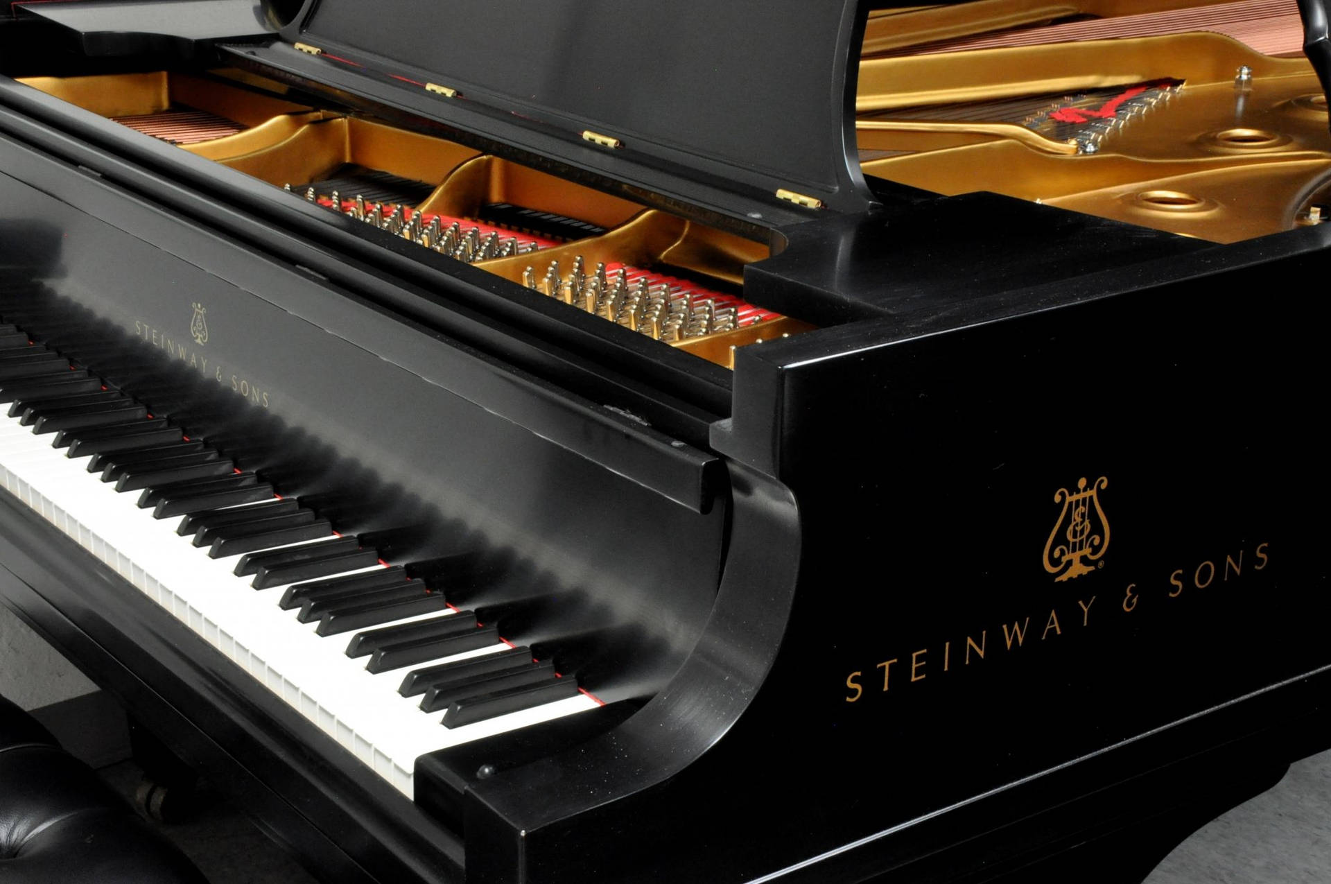 亮黑色 Steinway 三角鋼琴，琴蓋打開，展示金色內部及琴鍵。