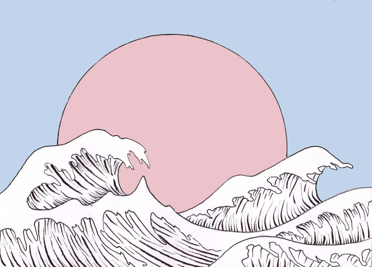 極簡線條藝術設計中的風格化海浪和粉紅色太陽。