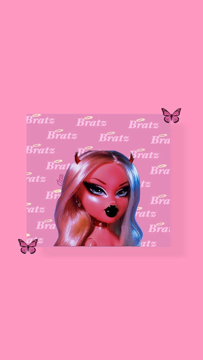 Bratz 公仔，有惡魔角和蝴蝶點綴，粉紅色背景。