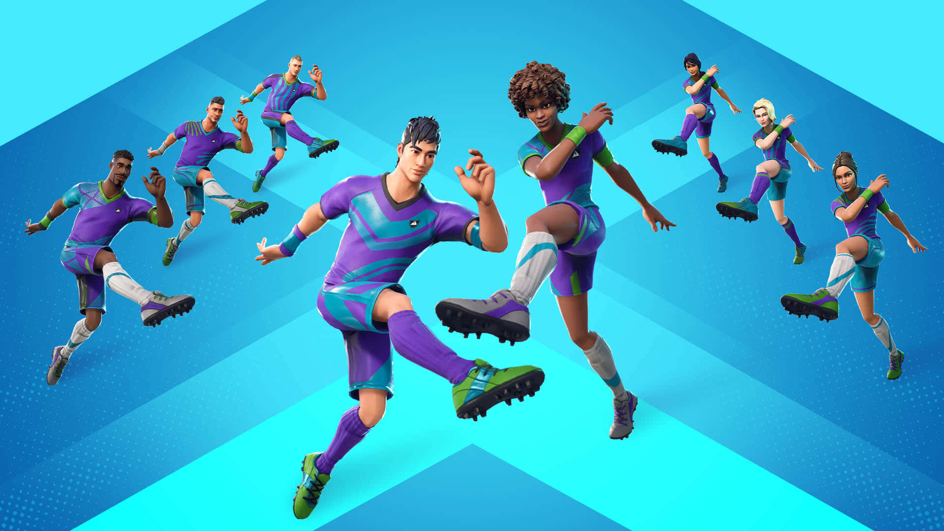 Fortnite足球運動員在藍色幾何場地上移動。