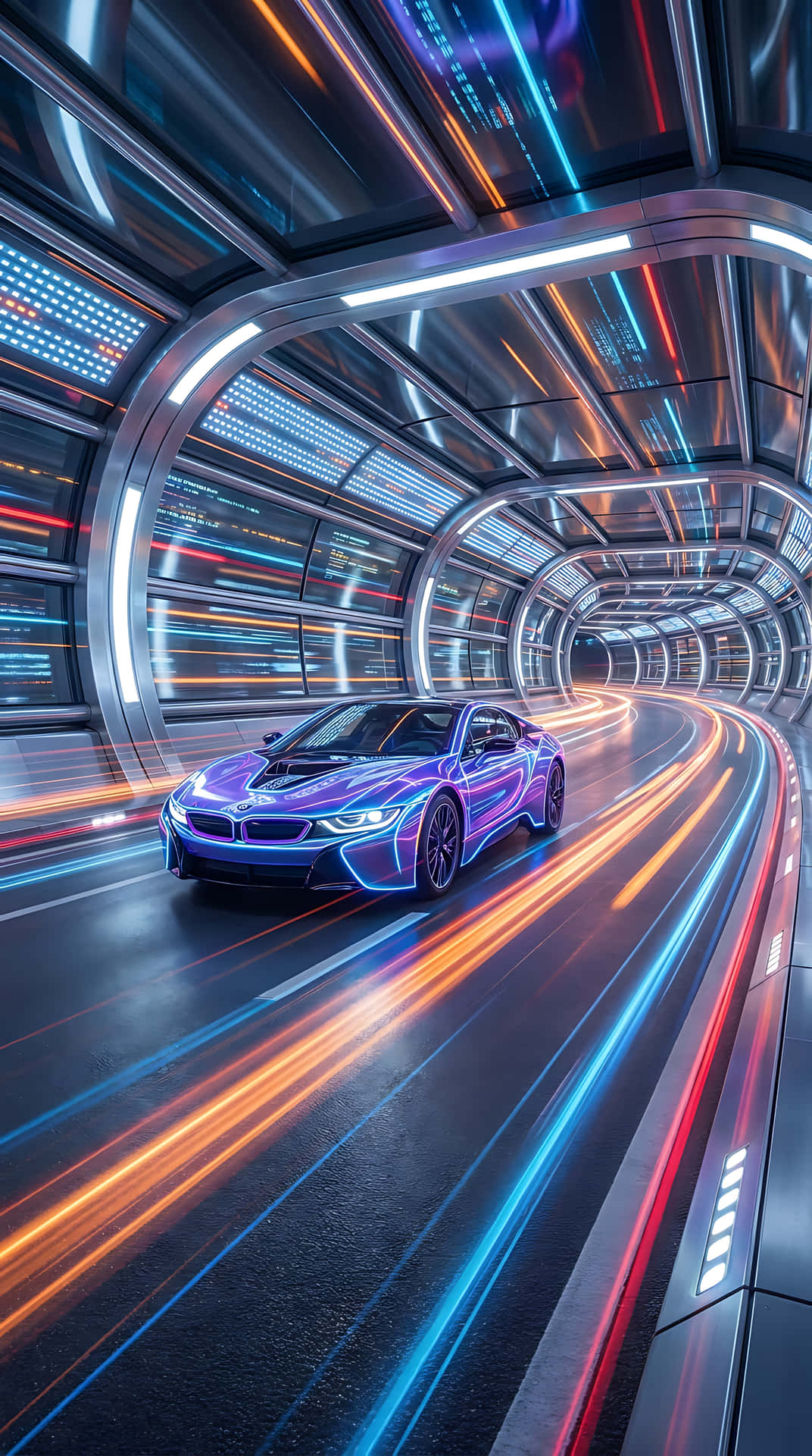 一架紫色BMW i8在霓虹燈照亮未來感隧道中疾馳。 — 賽車 壁紙