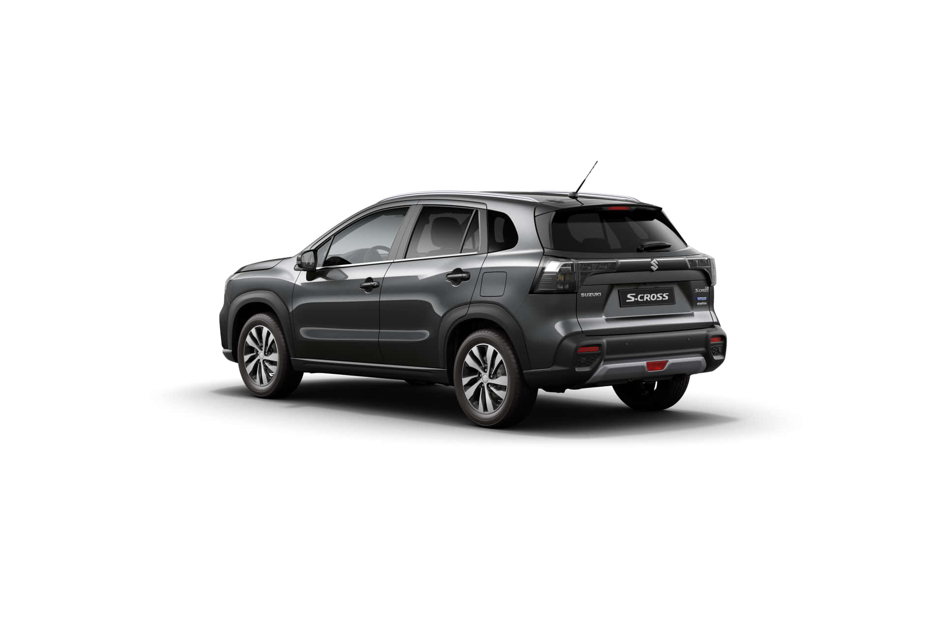 深灰色鈴木 S-Cross SUV 從後方四分之三角度觀看，背景為白色。