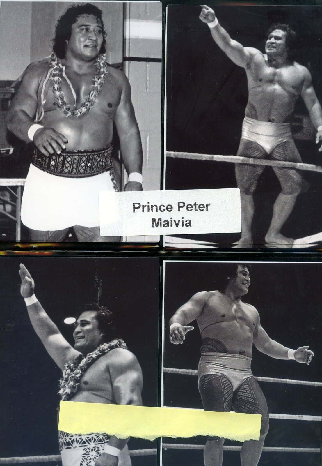 Prince Peter Maivia 在摔角擂台上穿著花環和短褲慶祝。
