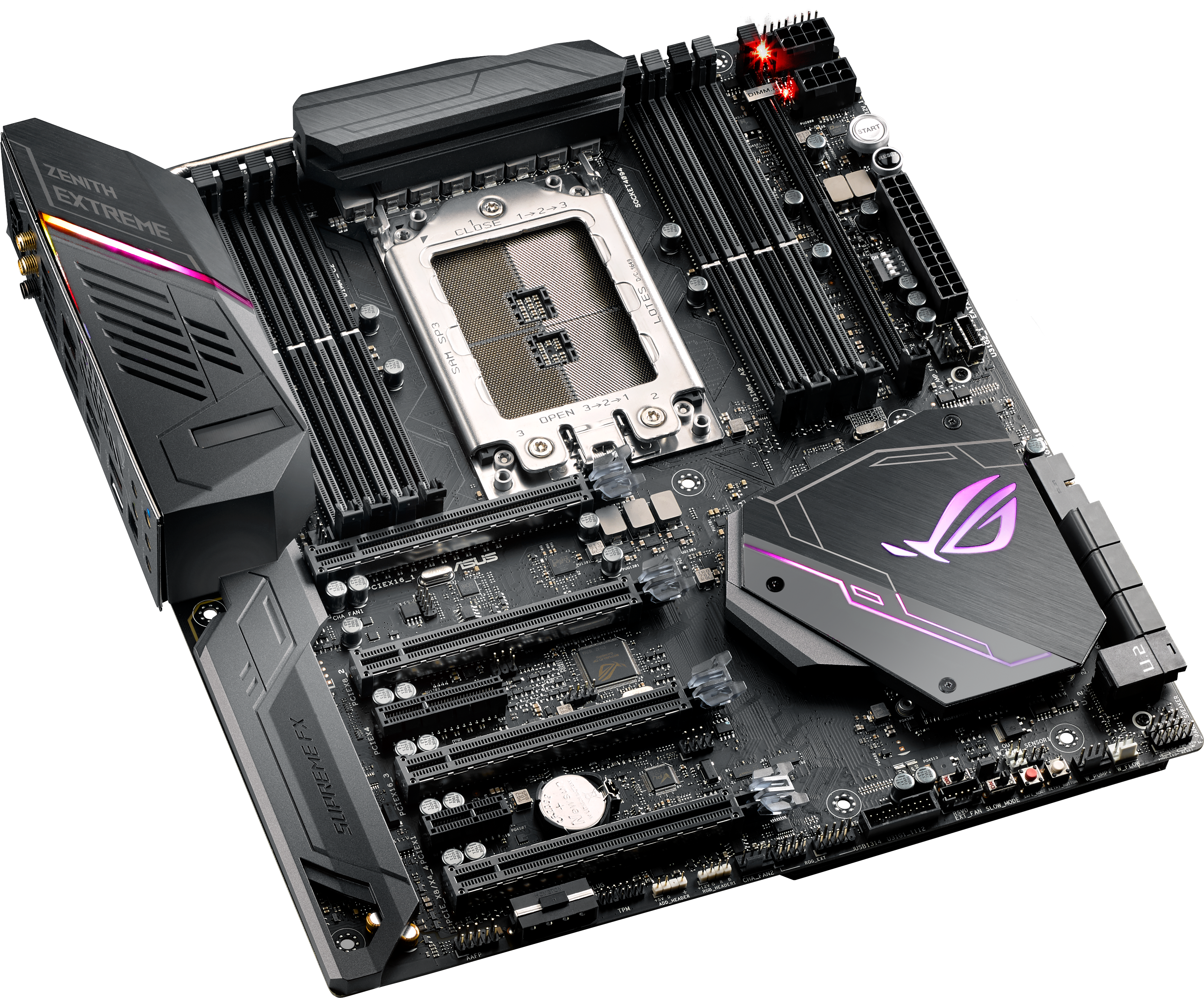 高階遊戲主機板 ROG 系列 壁紙 — 一塊高科技 ASUS ROG Zenith Extreme 主機板，帶有發光的紫色點綴和紅色 LED 燈光，背景為黑色。