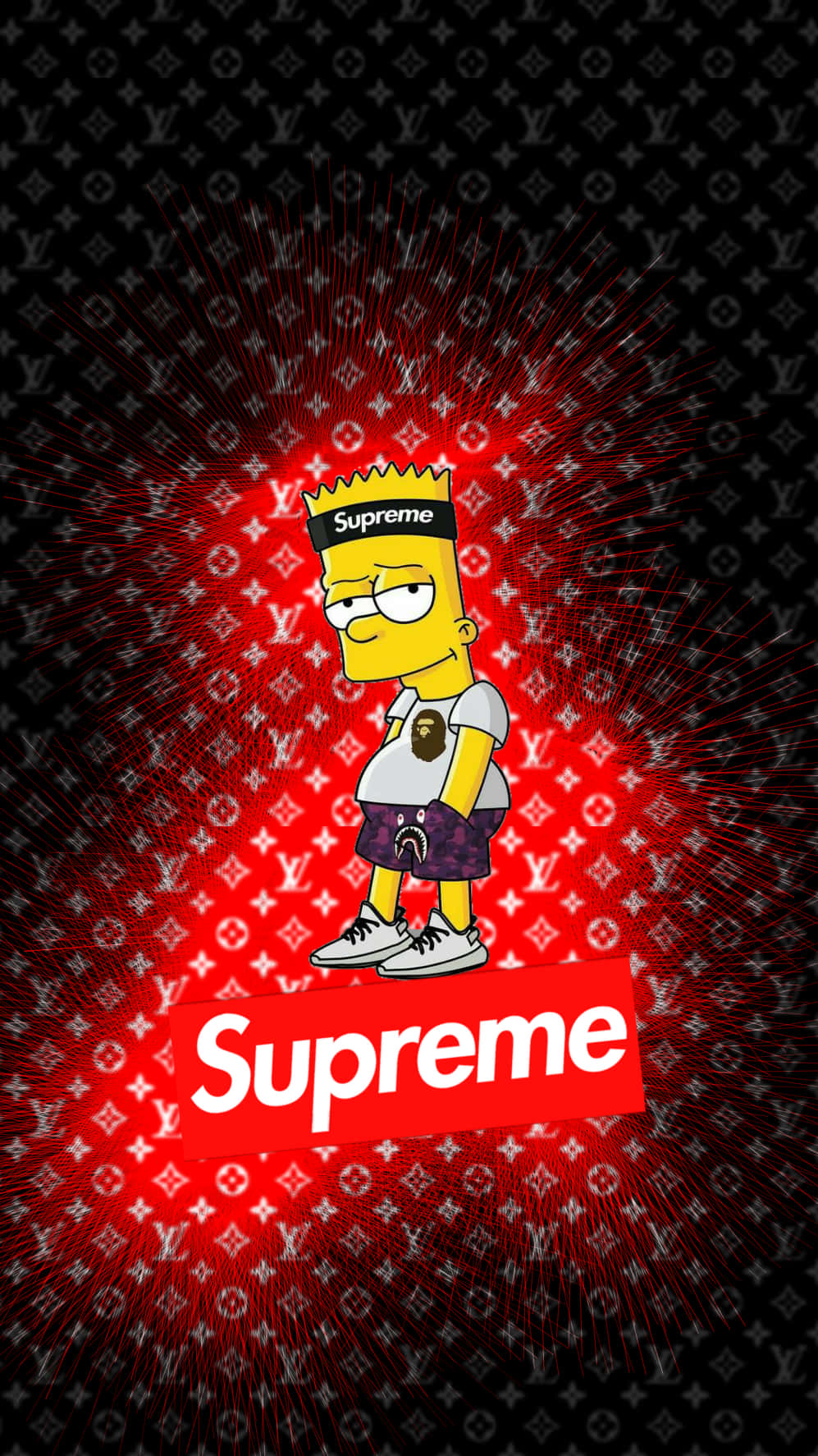Bart Simpson 穿著 Supreme 服裝，搭配 Louis Vuitton 圖案和紅色光爆。