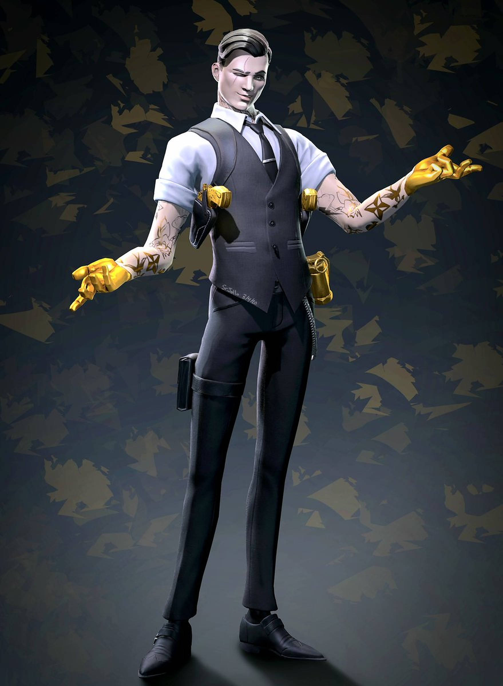 高雅的Midas《Fortnite》 壁紙 — 一個風格化的男性角色，身穿深色西裝，戴著金色手套，身上有紋身，自信地站在破碎的深色背景前。