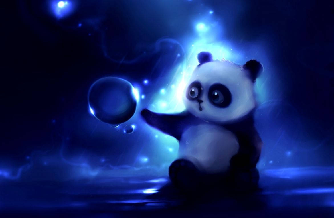 一隻發光的藍色熊貓寶寶在魔法場景中觸摸一個漂浮泡泡。 — 平板電腦 壁紙
