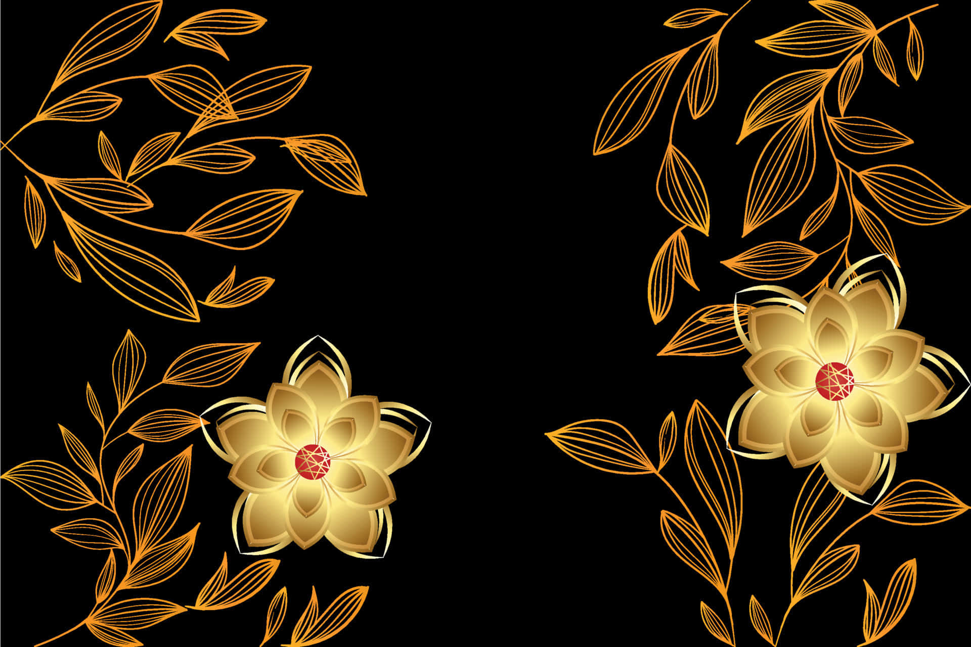 高雅黑金桌面 壁紙 — 金色花卉線條藝術，帶有發光花瓣和紅色中心，襯以純黑背景。