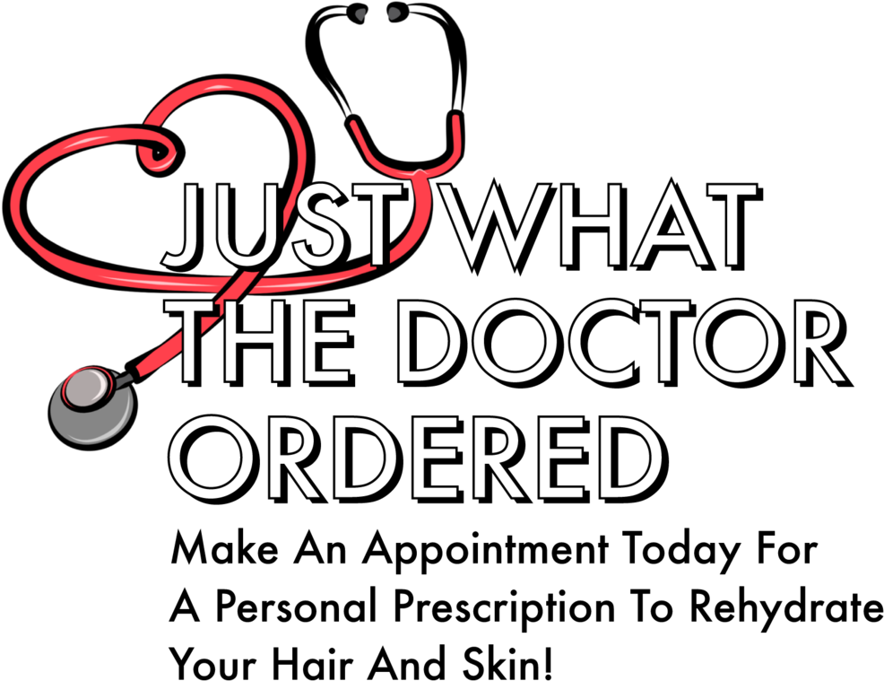 髮廊健康主題推廣 壁紙 — 粗體白色文字寫著「JUST WHAT THE DOCTOR ORDERED」，紅色聽診器在黑色背景上形成心形。