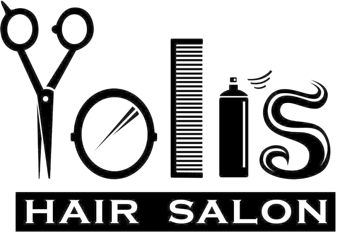 髮廊工具標誌 壁紙 — Yoli's Hair Salon 的黑白標誌，包含剪刀、梳子、噴霧瓶和風格化文字。