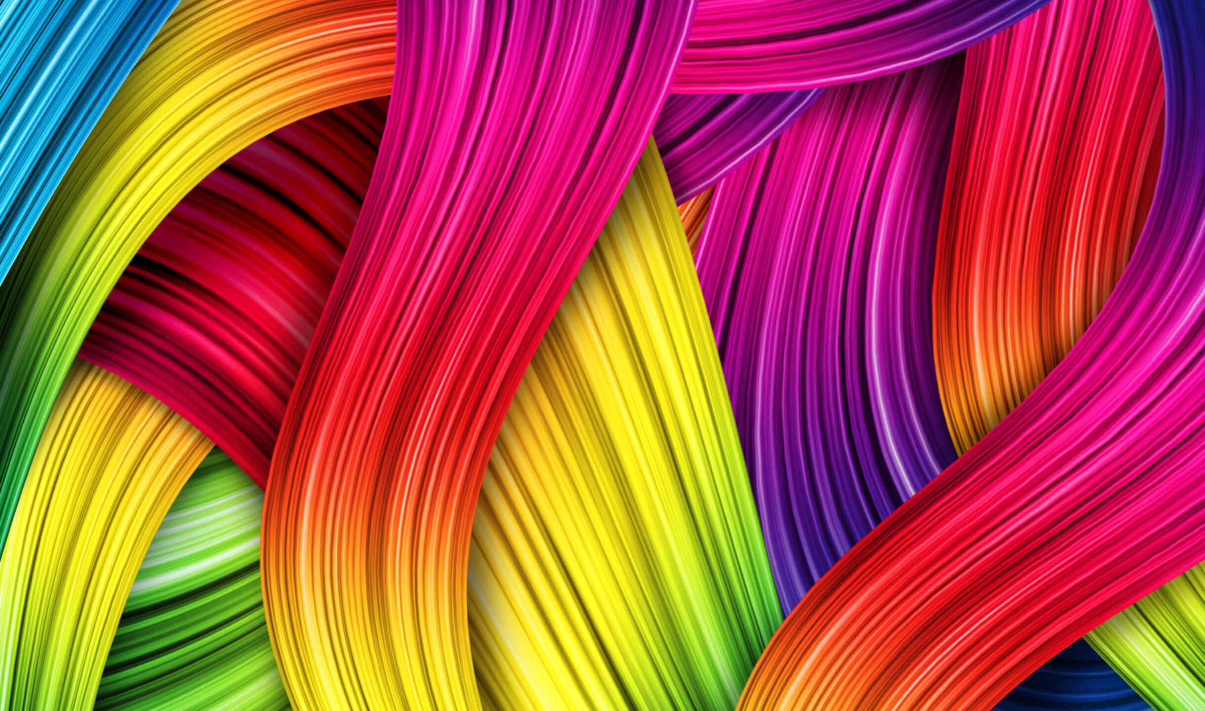 髮絲抽象藝術 2440x1440 AMOLED 背景 壁紙 — 充滿活力的彩虹色絲帶在動態抽象圖案中扭動流動，帶有光澤亮點。