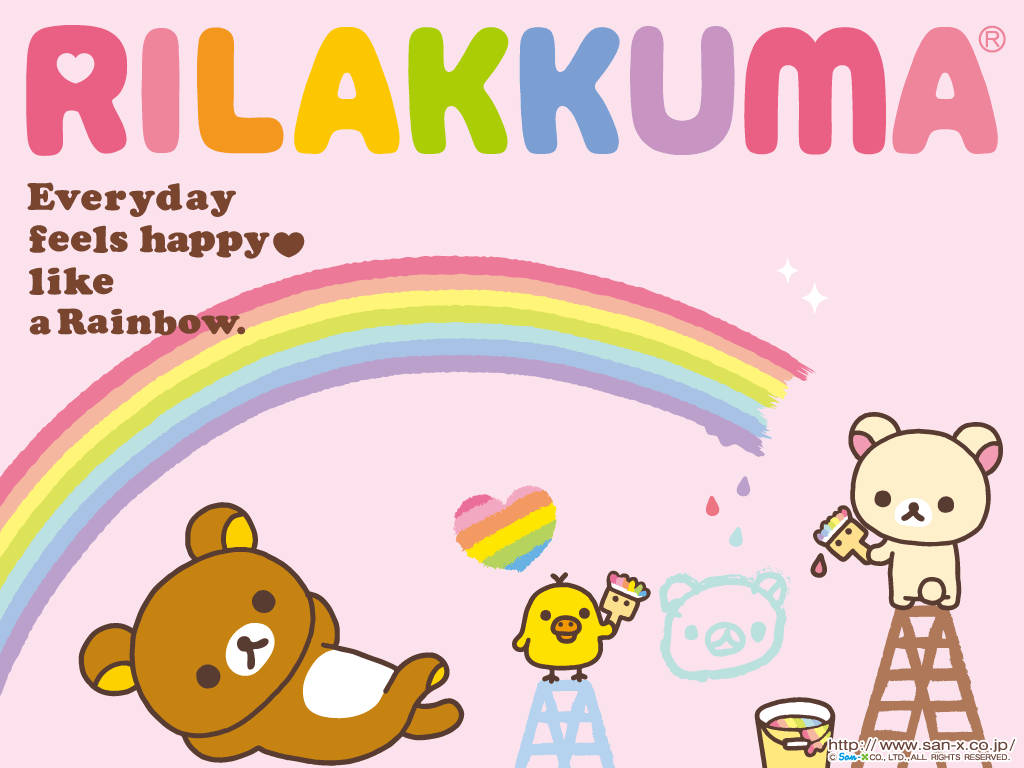 Rilakkuma和朋友們在彩色拱門下畫彩虹心形。