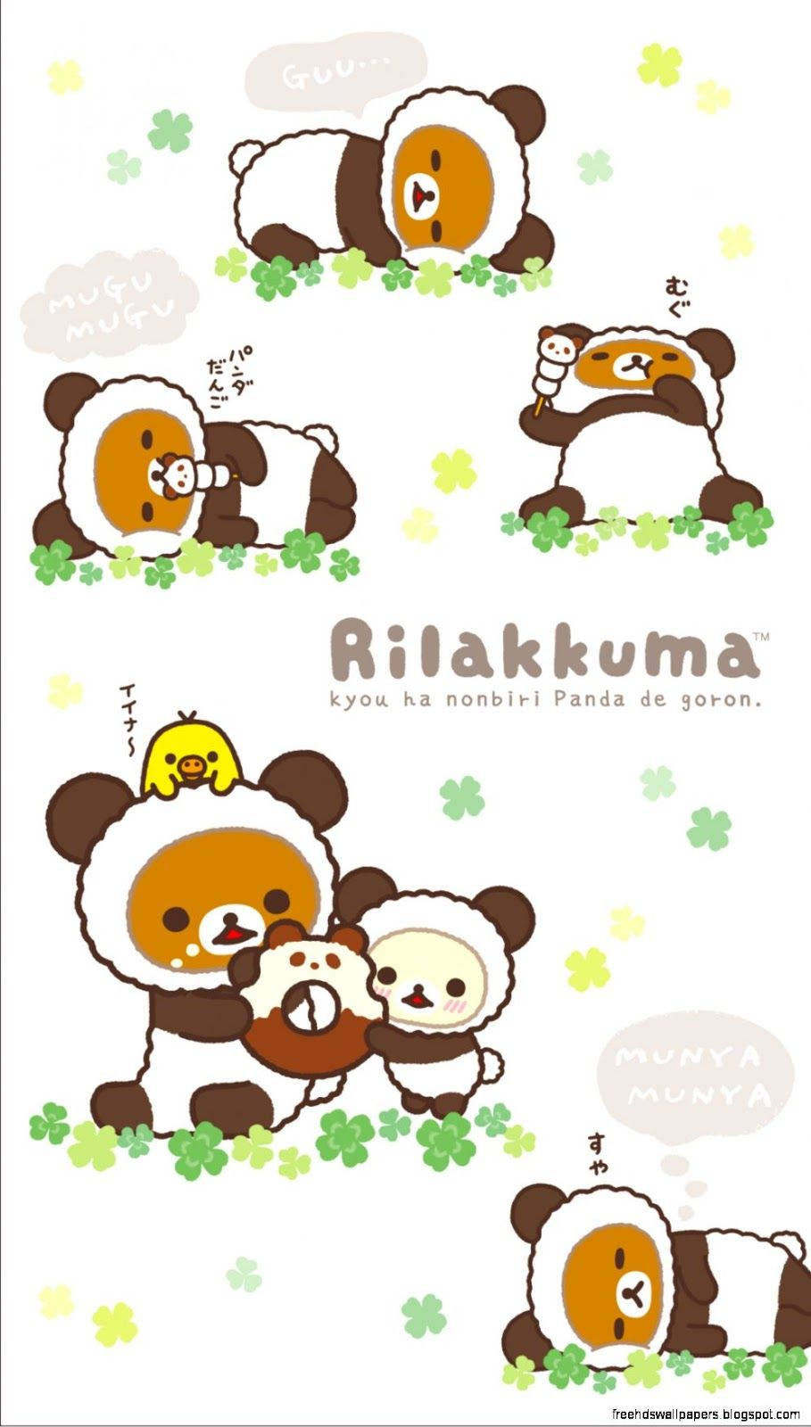 穿著毛絨服裝的Rilakkuma熊貓用三葉草和對話氣泡休息和玩耍。