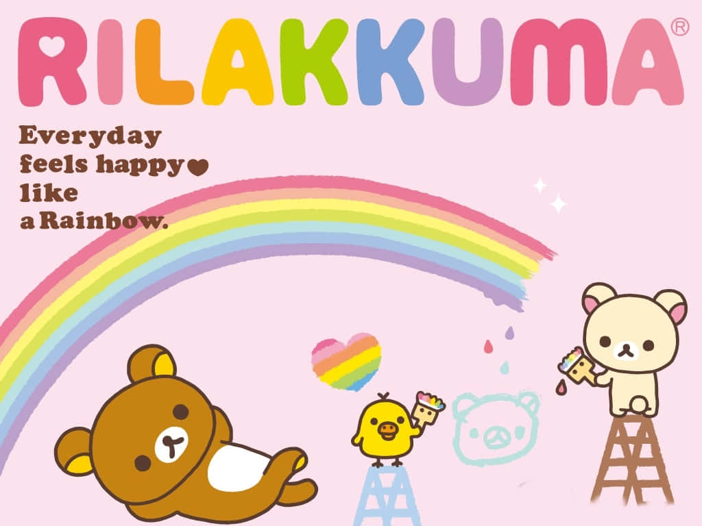 Rilakkuma和朋友們在粉紅色背景上畫彩虹，配上心心和閃閃。