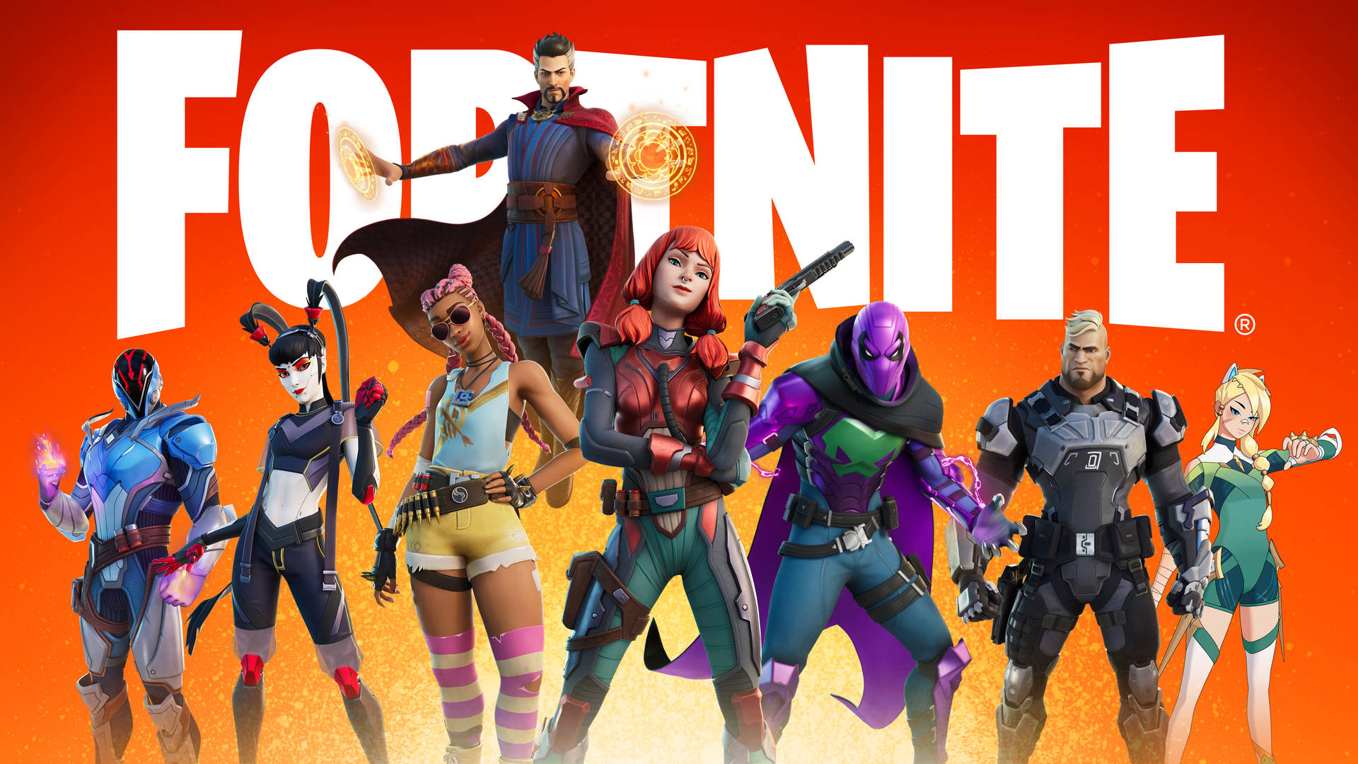 七個《Fortnite》遊戲角色身穿色彩繽紛的服裝，在橙色背景前擺姿勢。