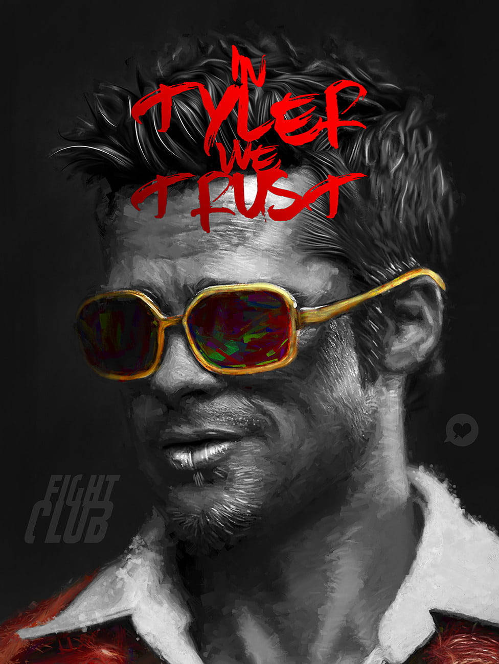 戴著金色邊框太陽眼鏡的男子，頭頂上方有紅色文字「IN TYLER WE TRUST」。 — 俱樂部 壁紙