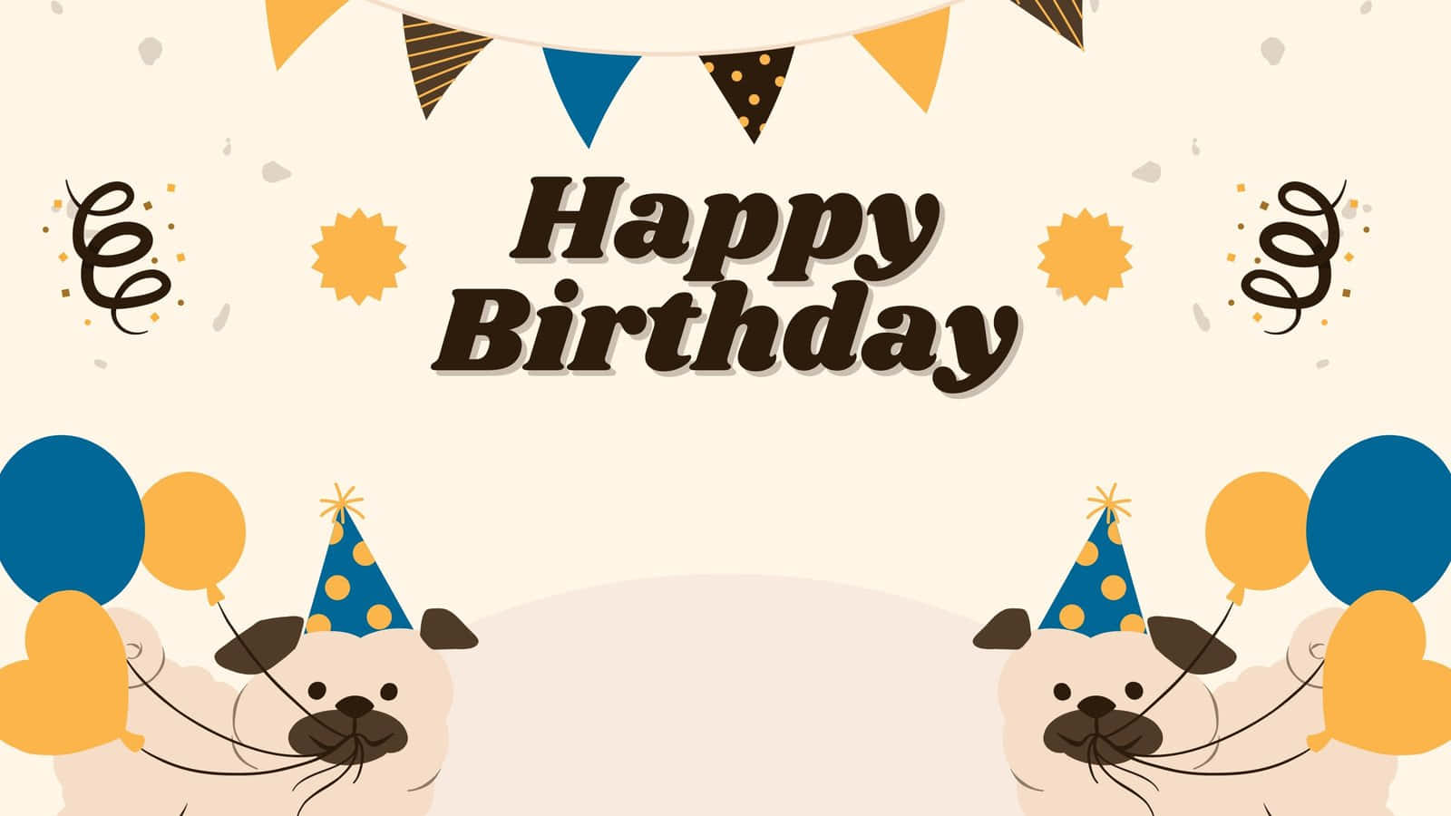 兩隻八哥犬戴著派對帽，拿著氣球，配有生日橫幅和五彩紙屑。