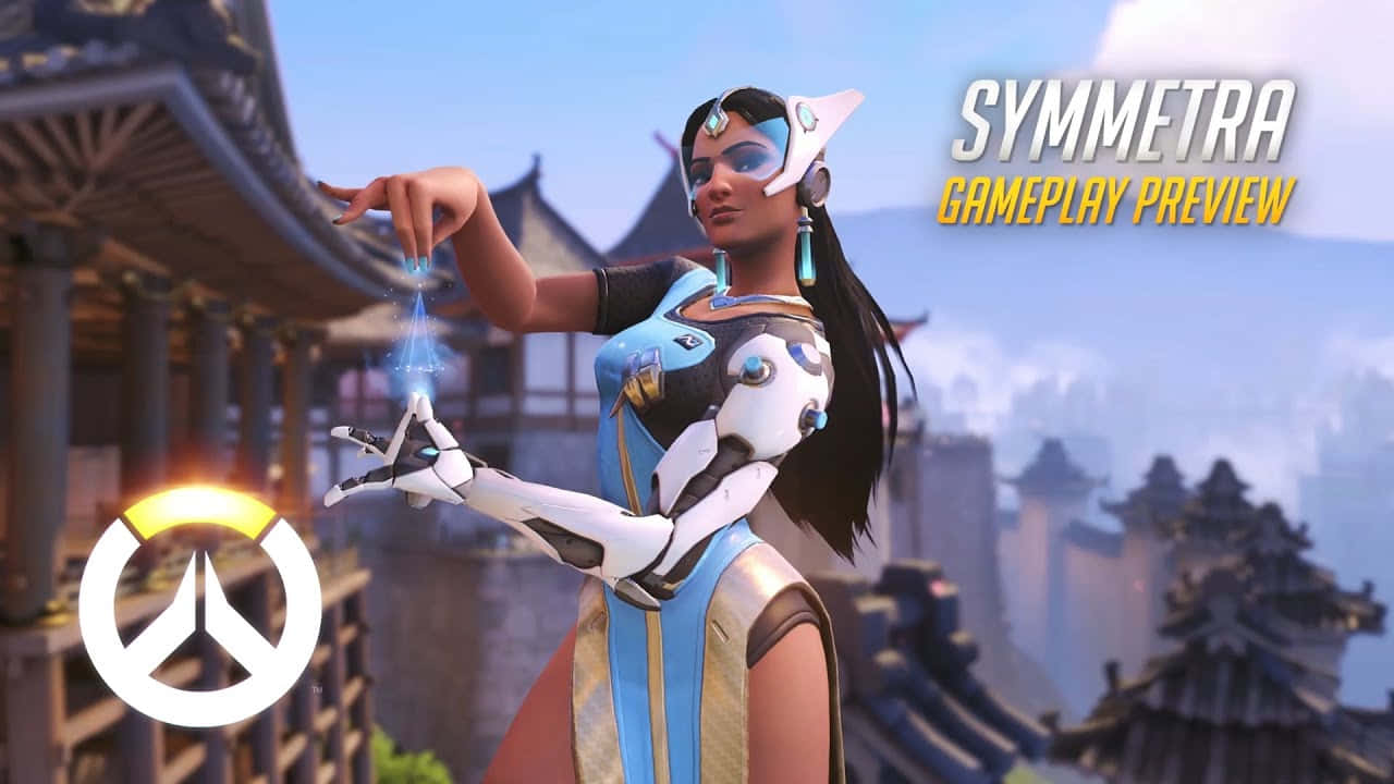 Overwatch Symmetra 桌布 壁紙 — 《鬥陣特攻》中的辛梅塔在傳統亞洲建築背景下，雙手之間傳導藍色能量。