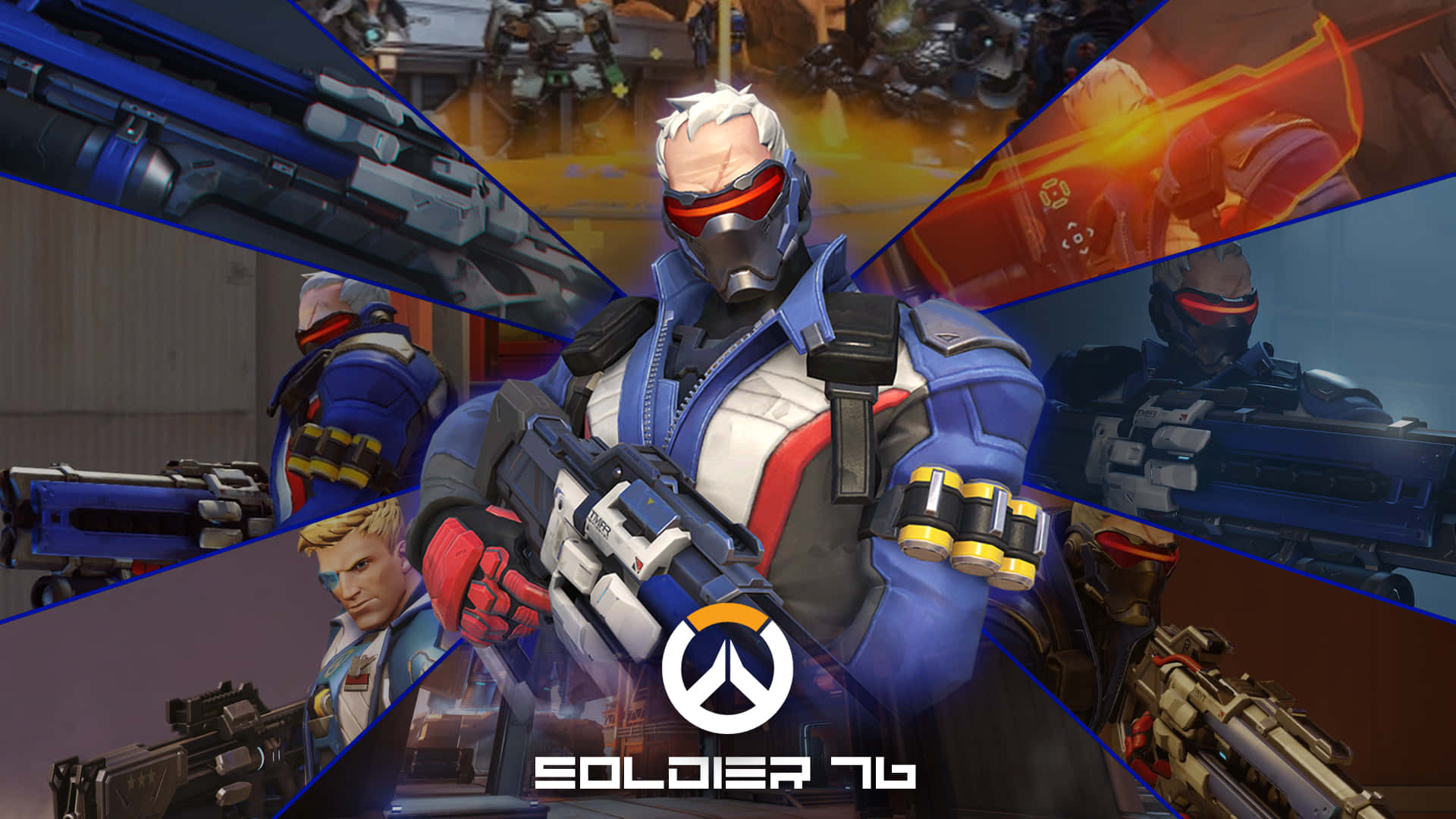 Soldier 76 桌布 壁紙 — 《鬥陣特攻》士兵76身穿戰鬥裝備、在多個動作場景中揮舞武器的動態拼貼畫。