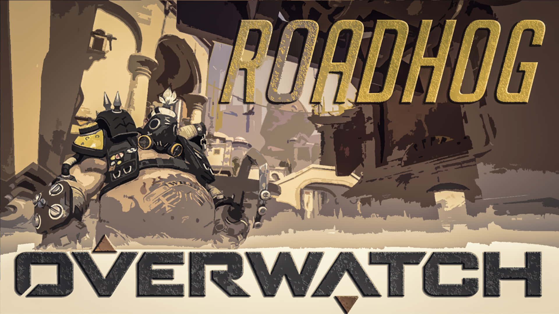 Overwatch Roadhog 桌布 壁紙 — 《鬥陣特攻》角色攔路豬的風格化插圖，背景為粗獷的城市環境，並帶有粗體文字疊加。