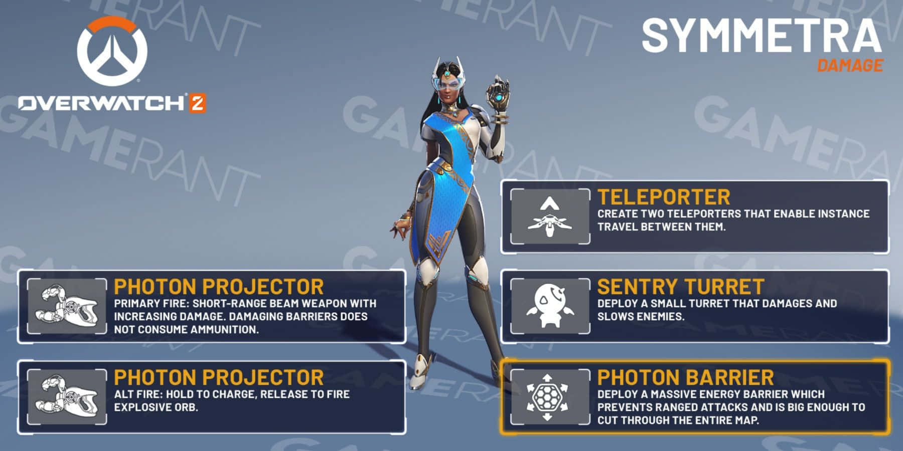 Overwatch Symmetra 桌布 壁紙 — 《鬥陣特攻2》中的辛梅塔手持科技武器，以品牌遊戲介面背景為襯，蓄勢待發。