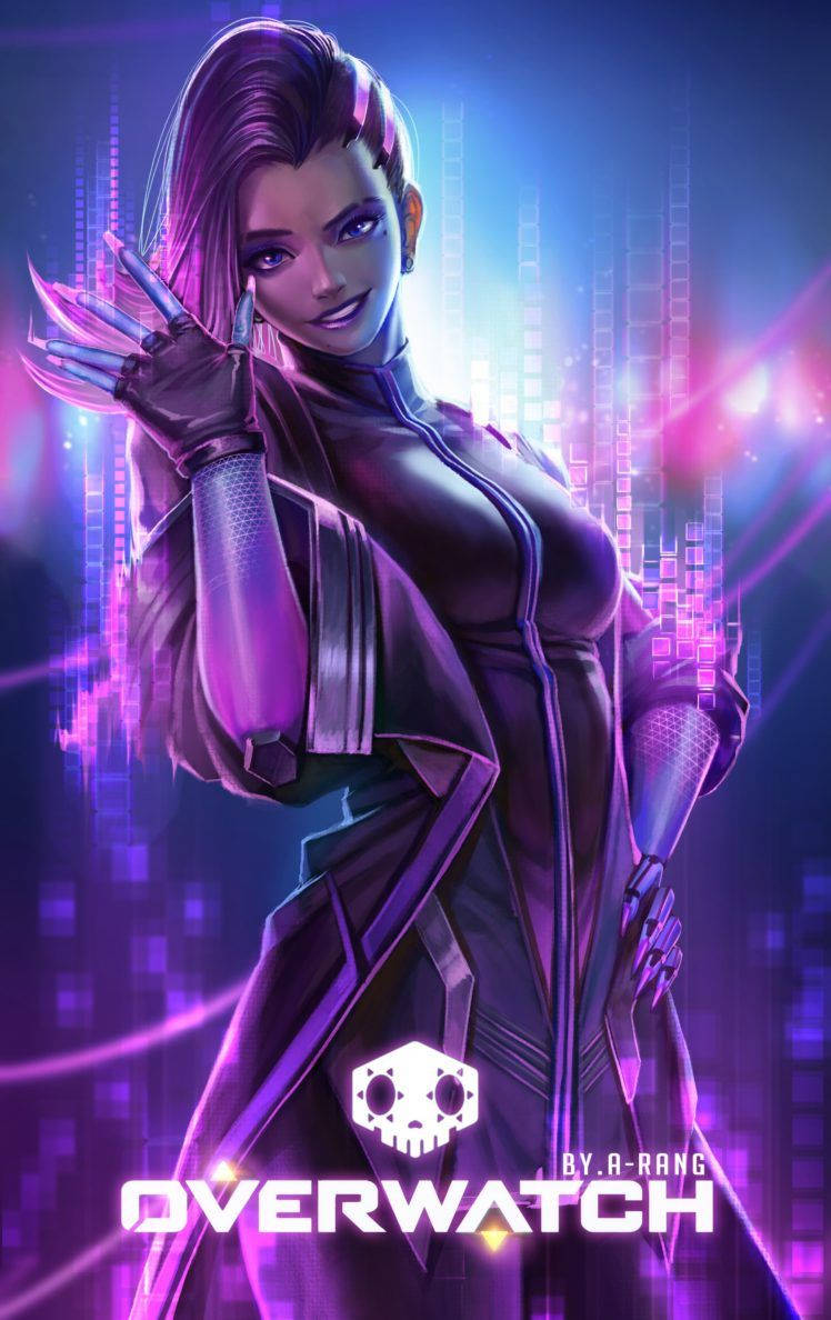 Overwatch英雄穿著未來感紫色套裝，背景為霓虹數位