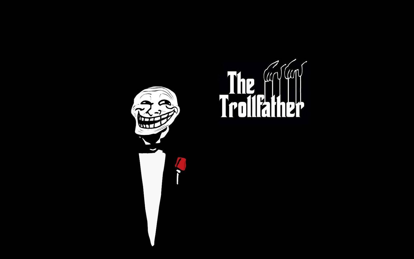 一個穿著燕尾服的卡通巨魔，配有一朵紅玫瑰和文字 The Trollfather。