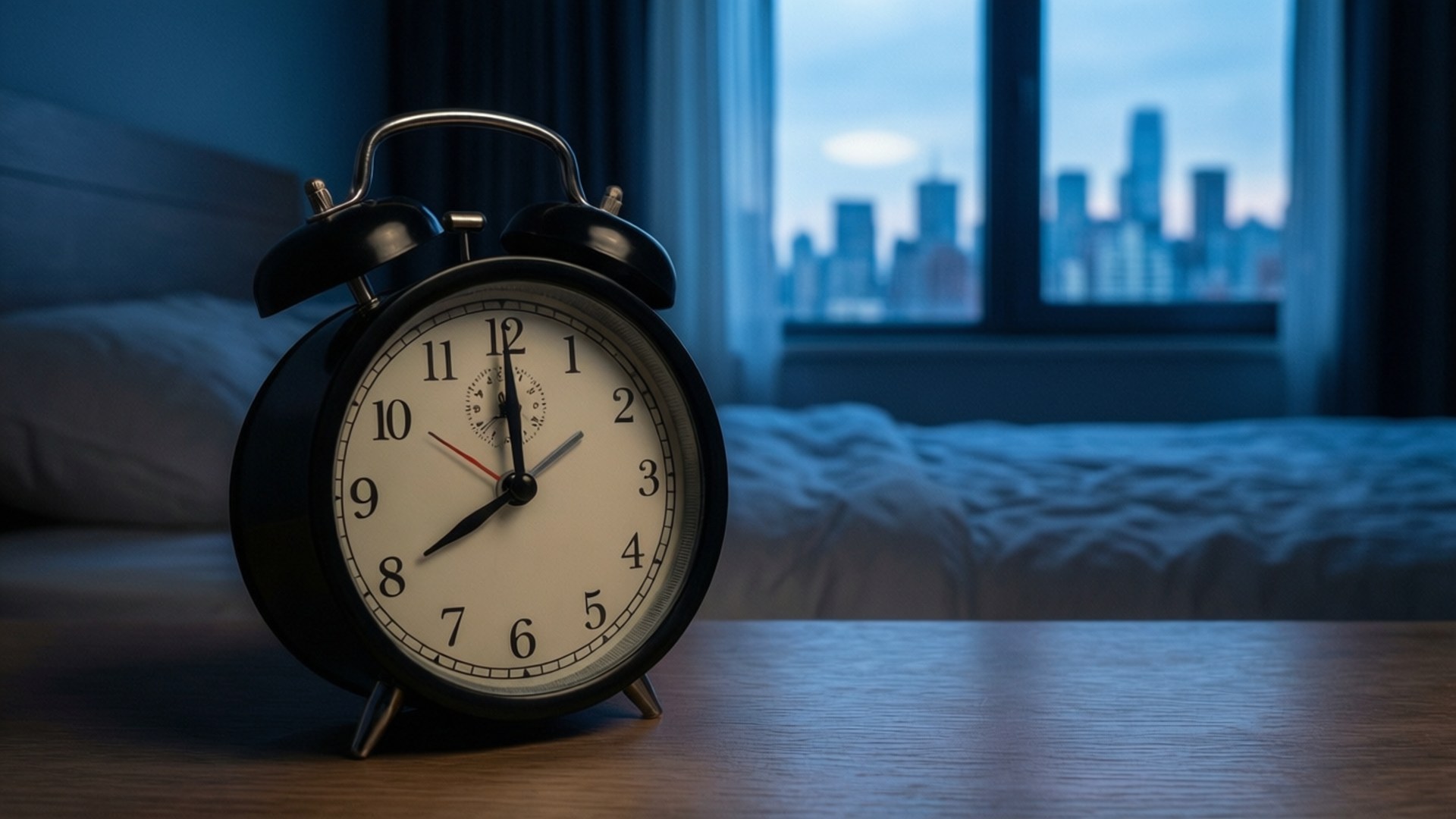 鬧鐘晨光 壁紙 — 一個黑色復古鬧鐘放在木製床頭櫃上，在昏暗的臥室裡，透過窗戶可以看到黃昏時的城市天際線。