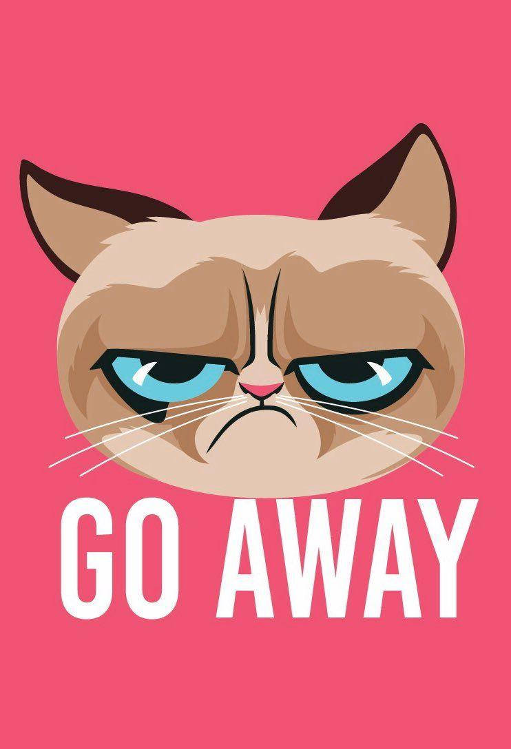 一隻藍眼睛的暴躁卡通貓咪，粉紅色背景上寫著「GO AWAY」。