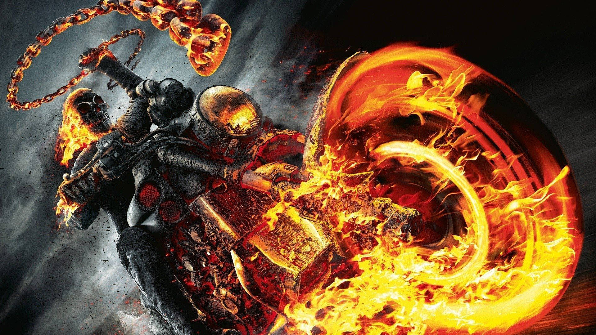 Ghost Rider 在火焰摩托車上，火鏈環繞，背景是風暴天空 — 鬼 Rider 壁紙