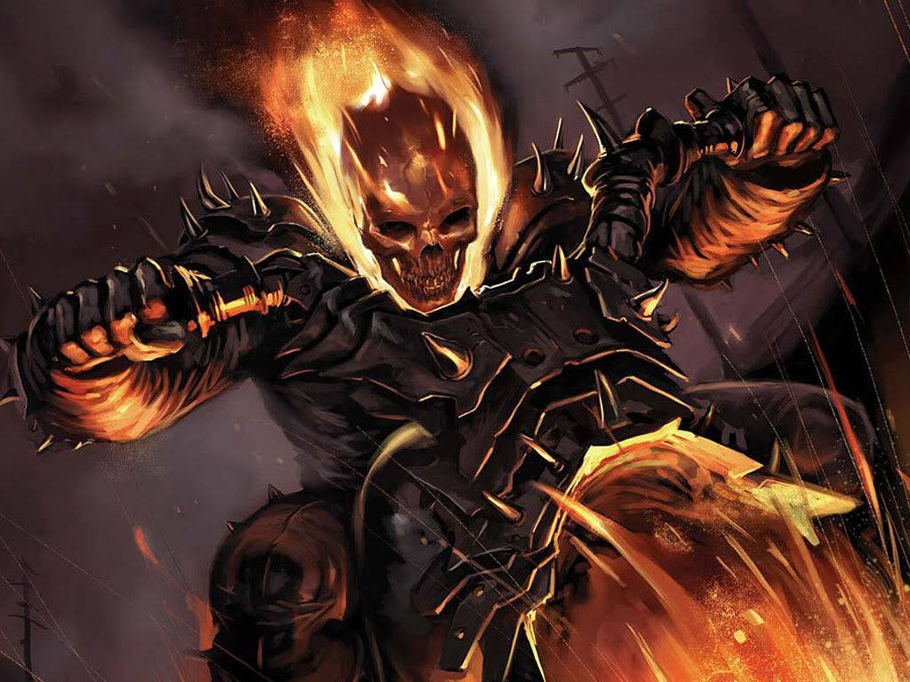 Ghost Rider 在風暴之夜騎著燃燒的電單車，頭顱骷髏，身穿尖刺盔甲。 — 鬼 Rider 壁紙