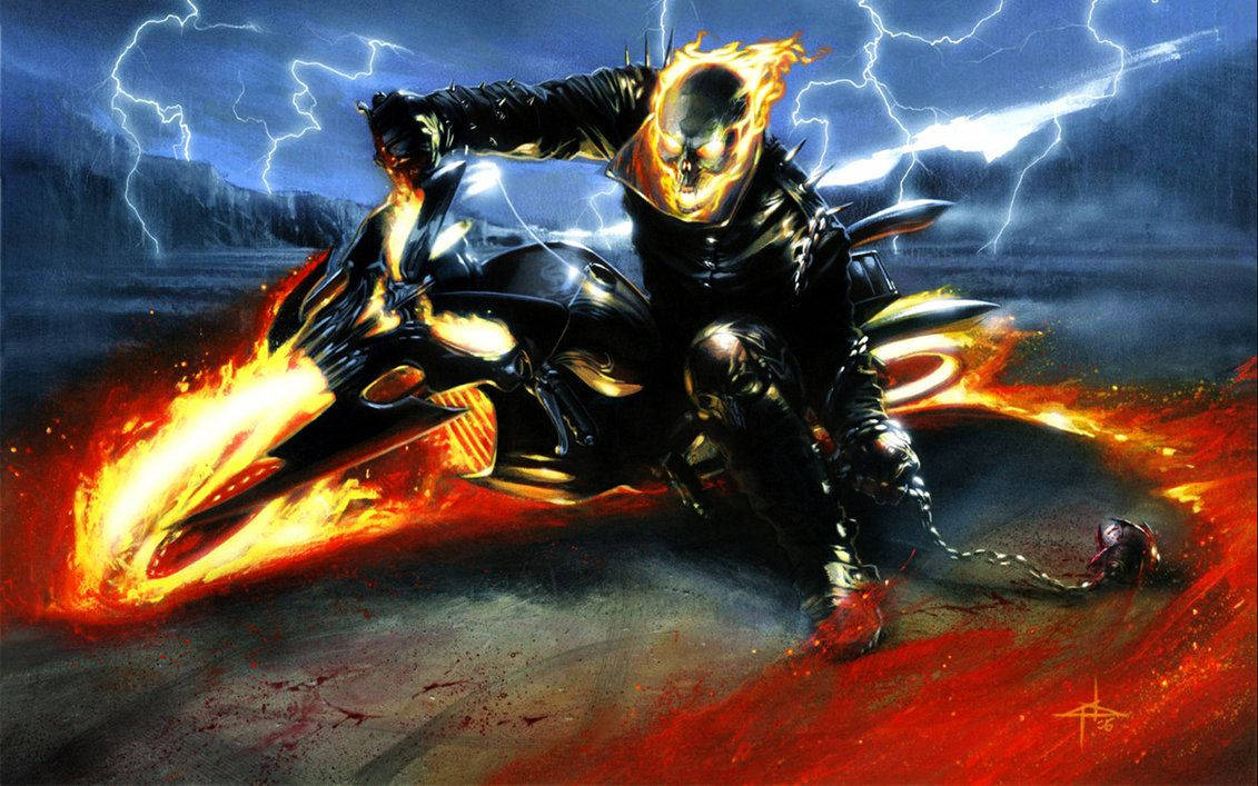 Ghost Rider 在暴風雨夜晚騎著燃燒的電單車，伴隨閃電。 — 鬼 Rider 壁紙