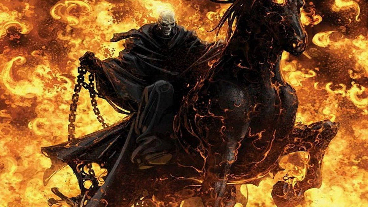 骷髏騎手騎著火焰馬，置身於旋轉的火焰和煙霧之中。 — 鬼 Rider 壁紙