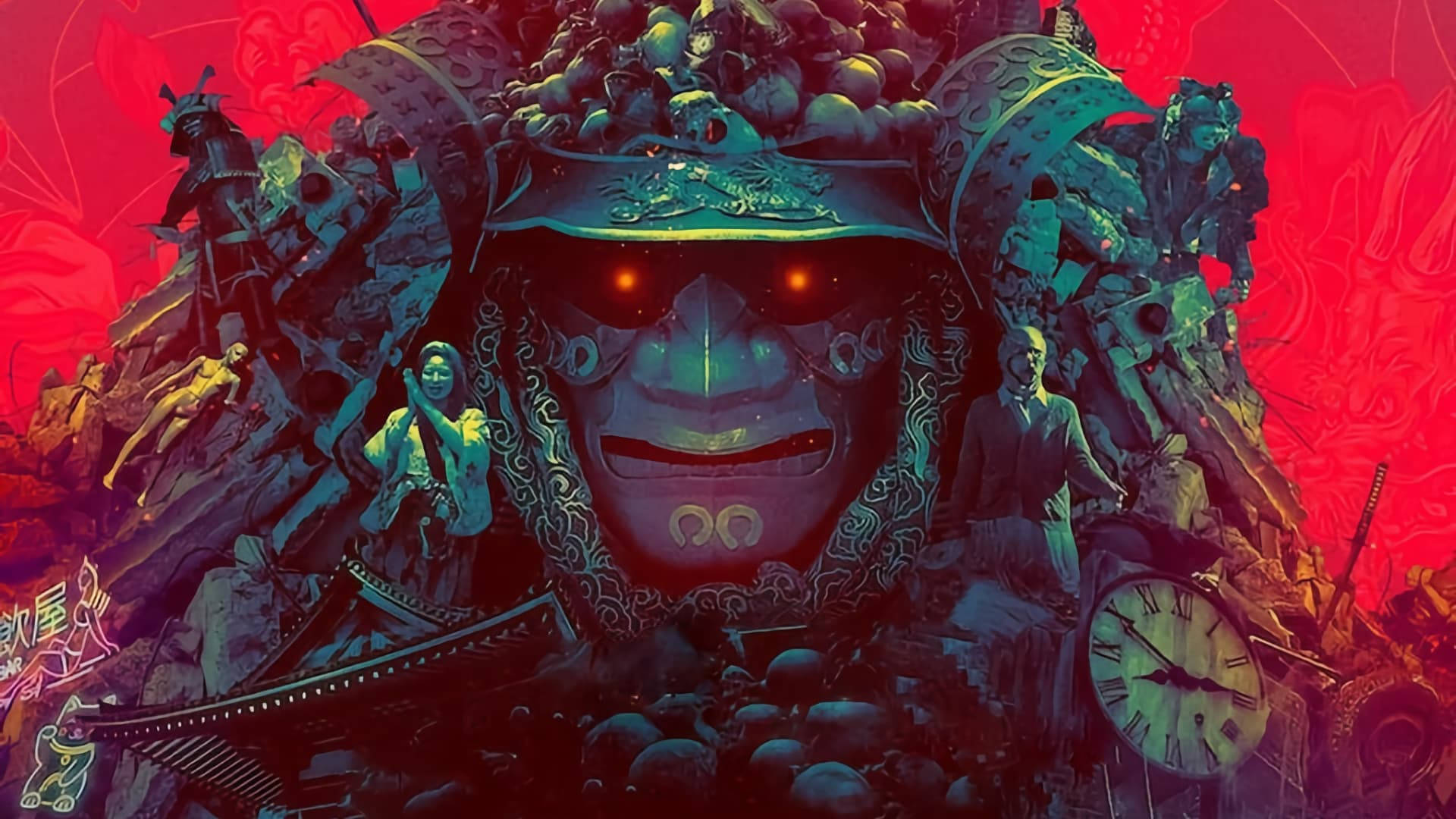 《鬼域囚徒》武士面具特寫 壁紙 — 一個巨大的武士面具，散發著紅色光芒的眼睛，主宰著一個超現實的場景，充滿了漂浮的人物和一個破碎的時鐘，背景是火紅色的。
