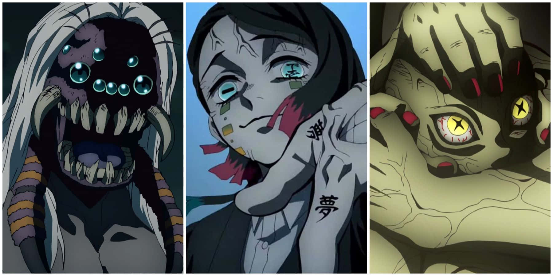 鬼殺隊 - 準備迎戰的戰士們 壁紙 — 三個令人毛骨悚然的動漫惡魔，眼睛發光，面容怪異，在黑暗背景下強烈凝視。