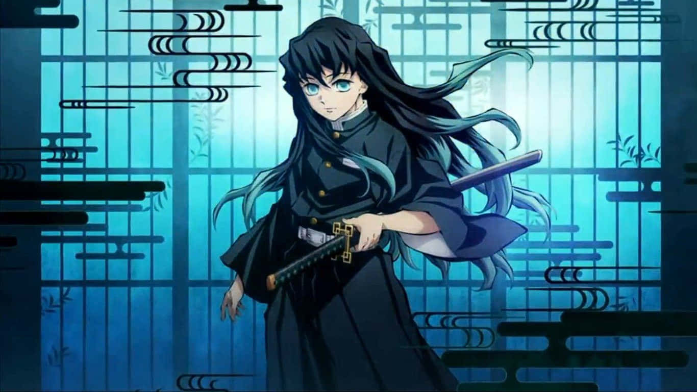 動漫女孩穿著黑色和服，在藍色照明的傳統日本房間中持劍。