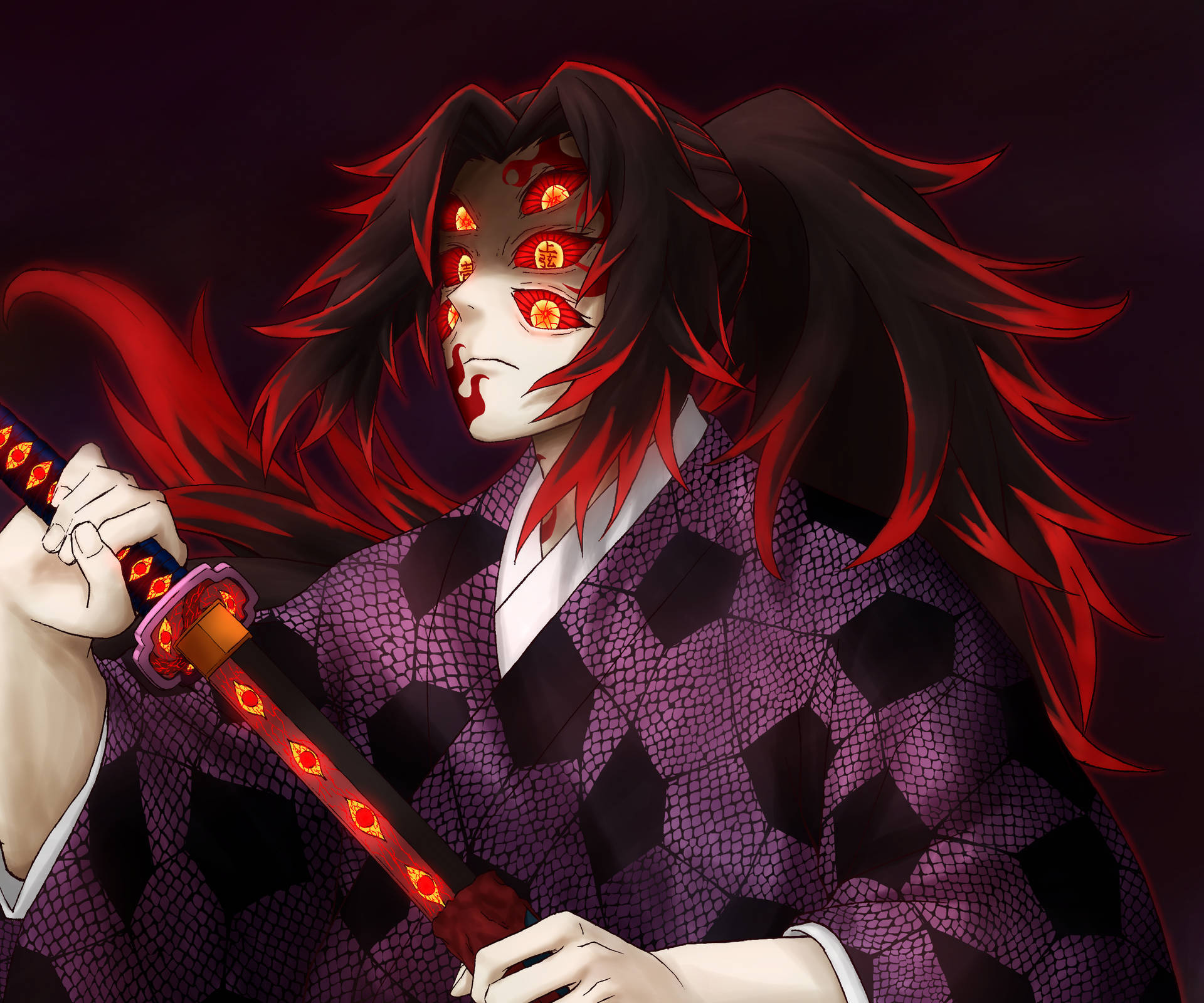 動漫惡魔，發光的紅色眼睛，穿著深色衣服，手持紅色劍。
