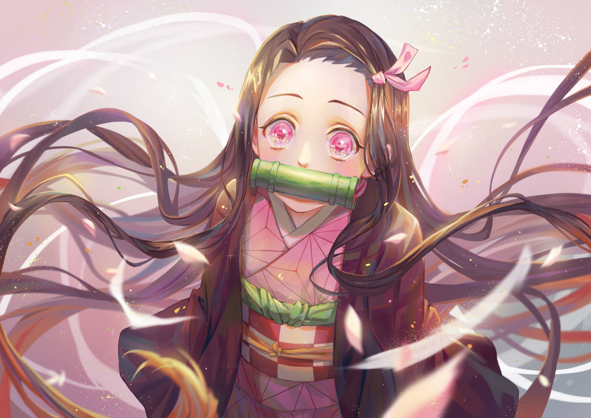 動漫女孩，粉紅色眼睛和竹製口塞，被旋轉的花瓣包圍。 — 鬼滅之刃 4K 壁紙