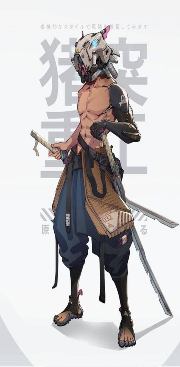 動漫角色，戴著機械頭盔，手持雙劍，賽博朋克風格。