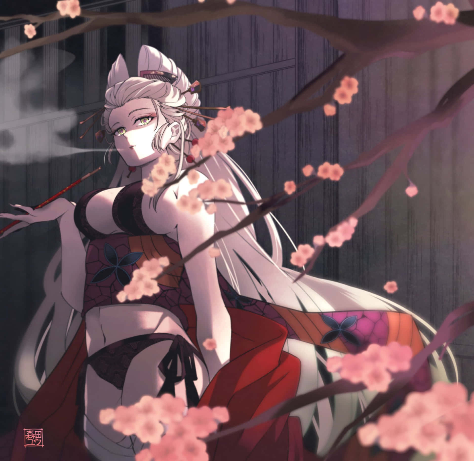 《鬼滅之刃》Kagaya Ubuyashiki與Daki月光下同行 壁紙 — 一位寧靜的動漫女性，白髮貓耳，坐在木質背景下，粉色櫻花飄落其中。