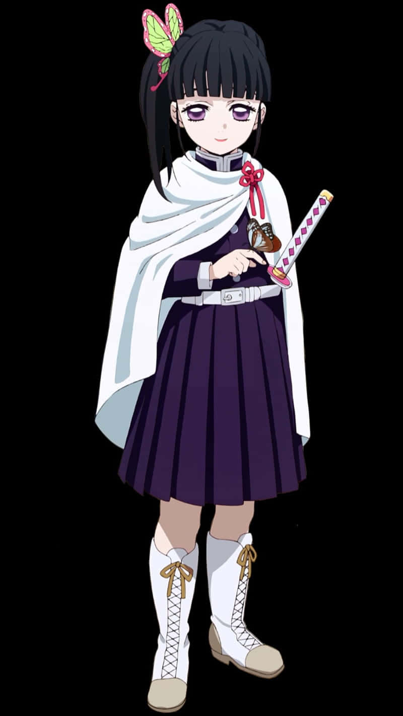 身穿紫色校服、戴蝴蝶髮夾的動漫少女持劍。