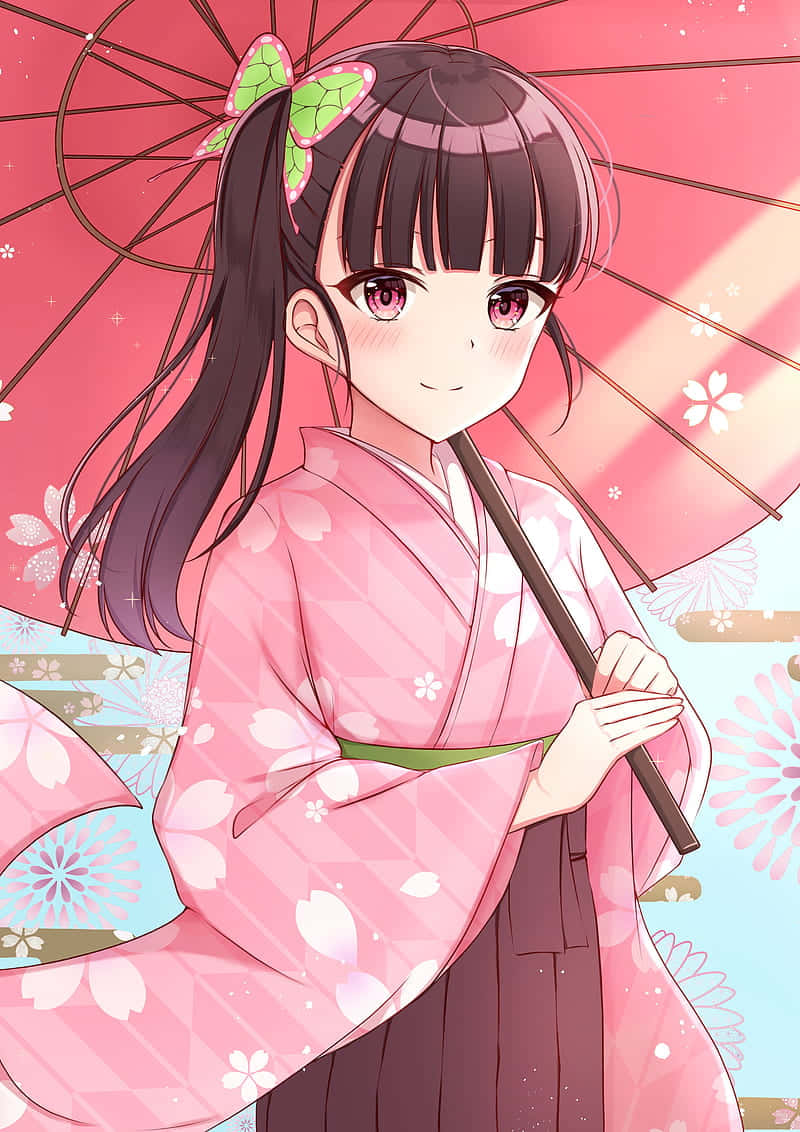 動畫女孩穿著粉紅色和服拿著櫻花傘