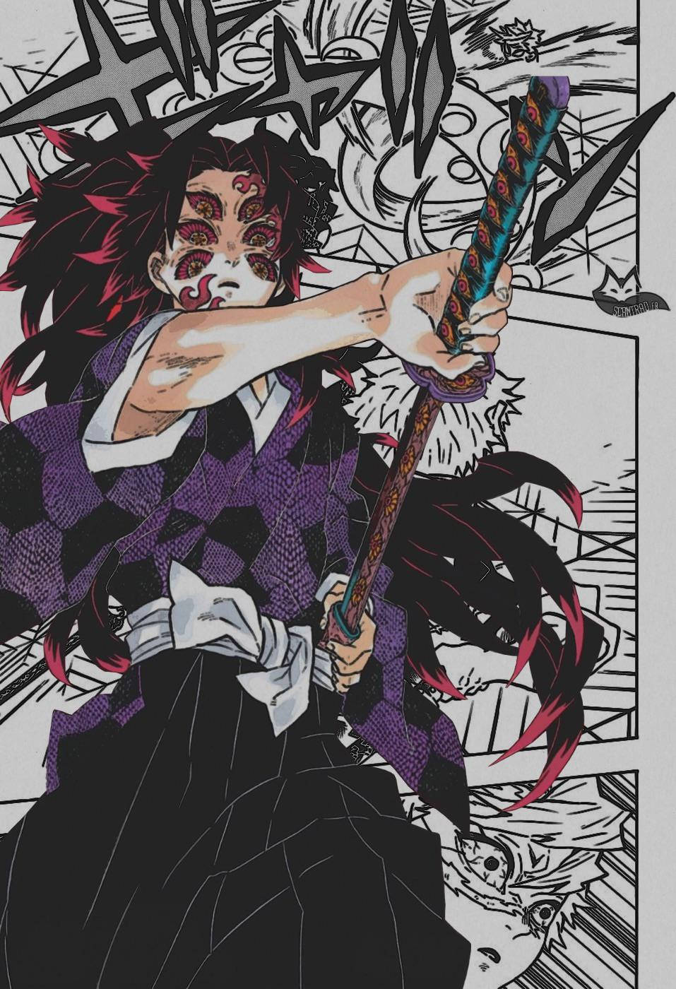 擁有紅髮和惡魔臉部印記的動漫角色，以戰鬥姿勢持劍。