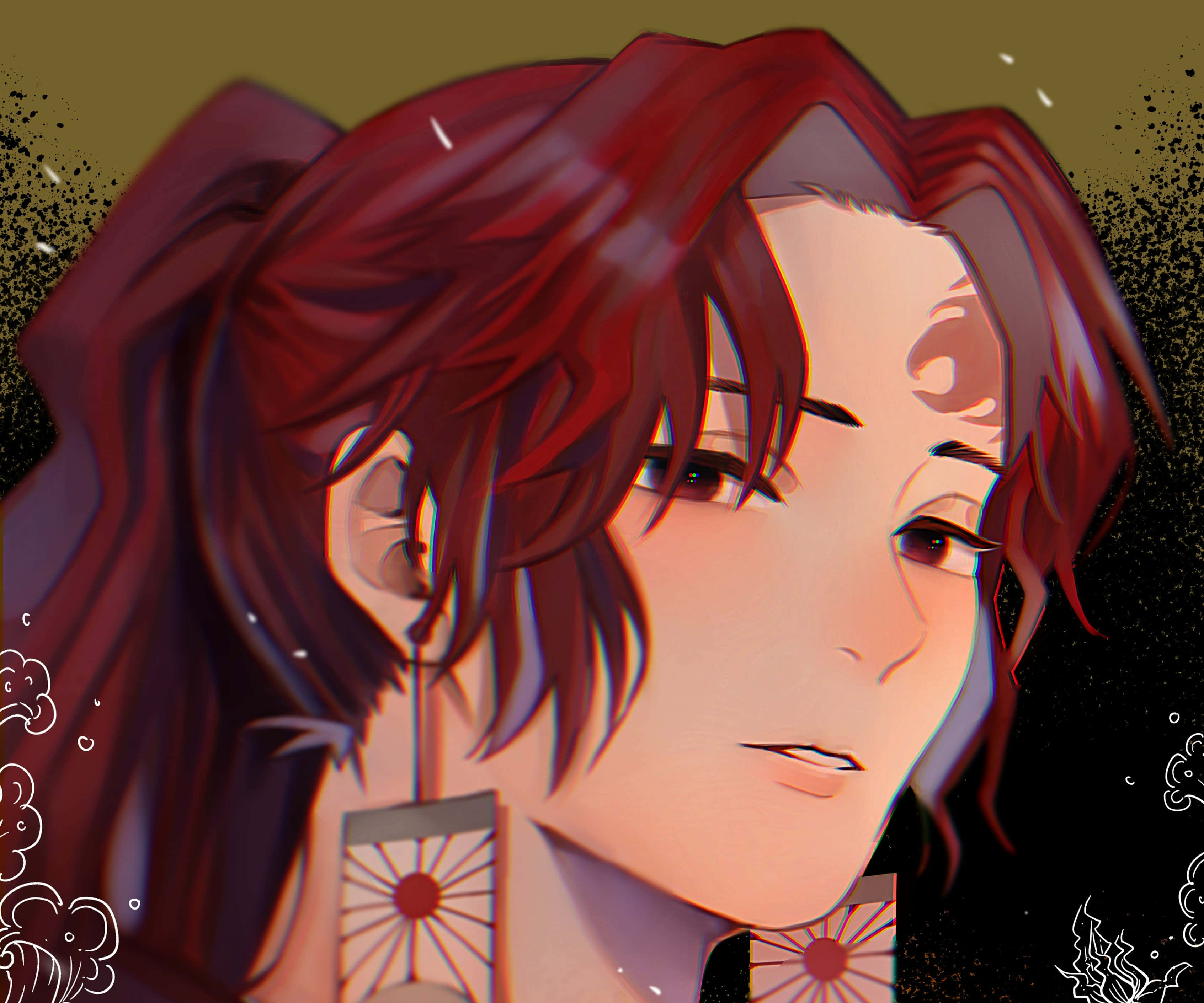 《鬼滅之刃》中的劍聖 — 網代 巳之助 壁紙 — 一個紅髮角色的特寫動畫肖像，擁有富有表現力的眼睛和傳統耳環，背景為深色紋理。