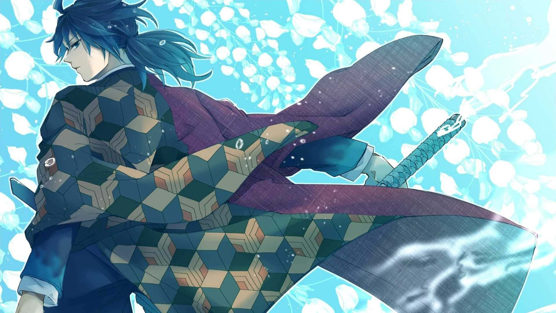 藍髮動漫戰士身穿幾何圖案和服，在櫻花中手持劍。