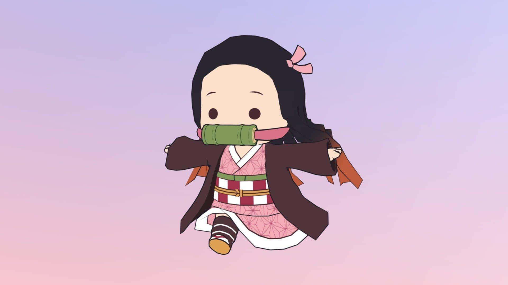 穿著和服的Q版動漫女孩在粉彩背景上嘴叼竹劍奔跑