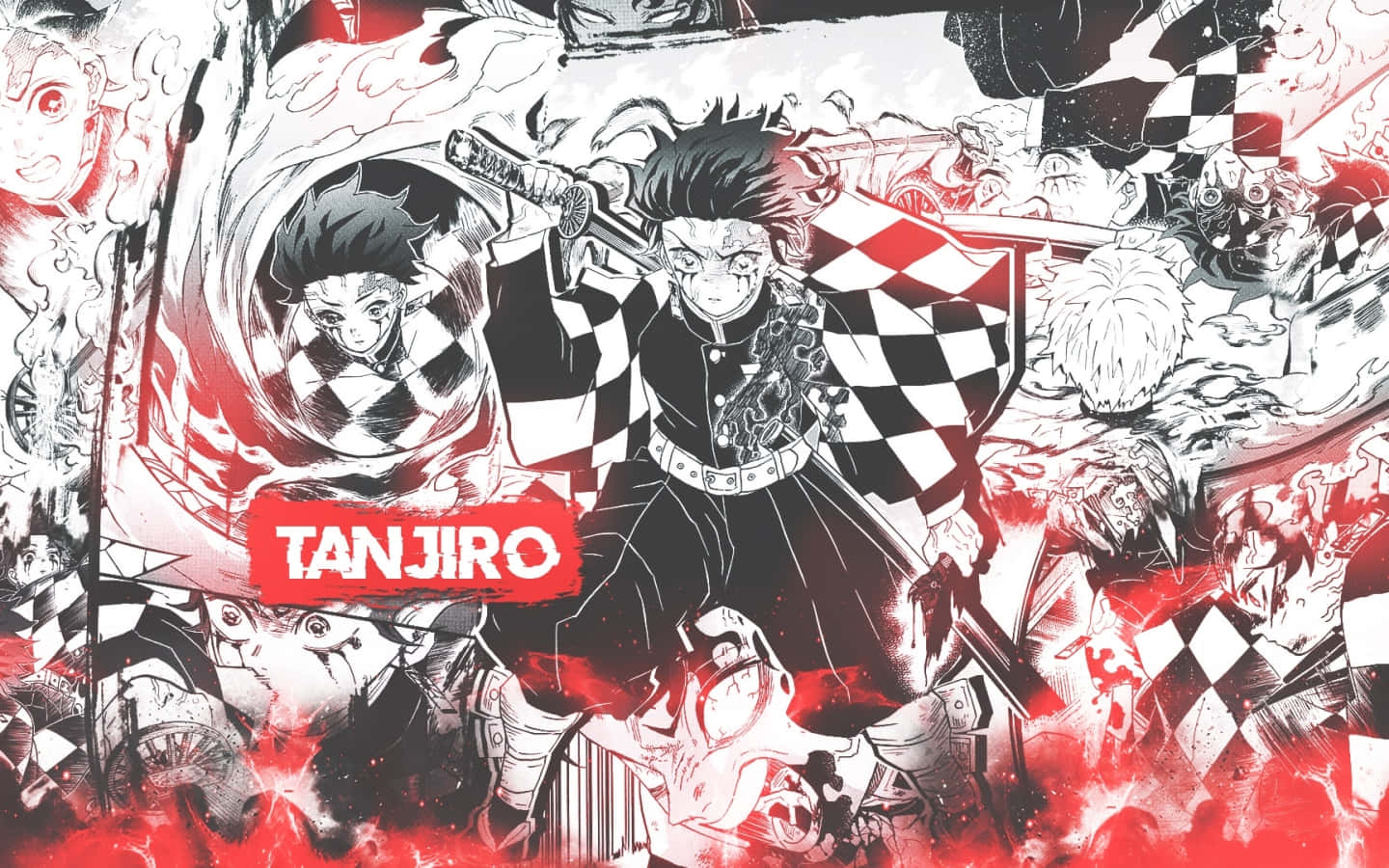  壁紙 — 《鬼滅之刃》中的炭治郎在旋轉的紅黑格子惡魔中，挑釁地揮舞著劍和盾牌，呈現動態的動漫藝術。