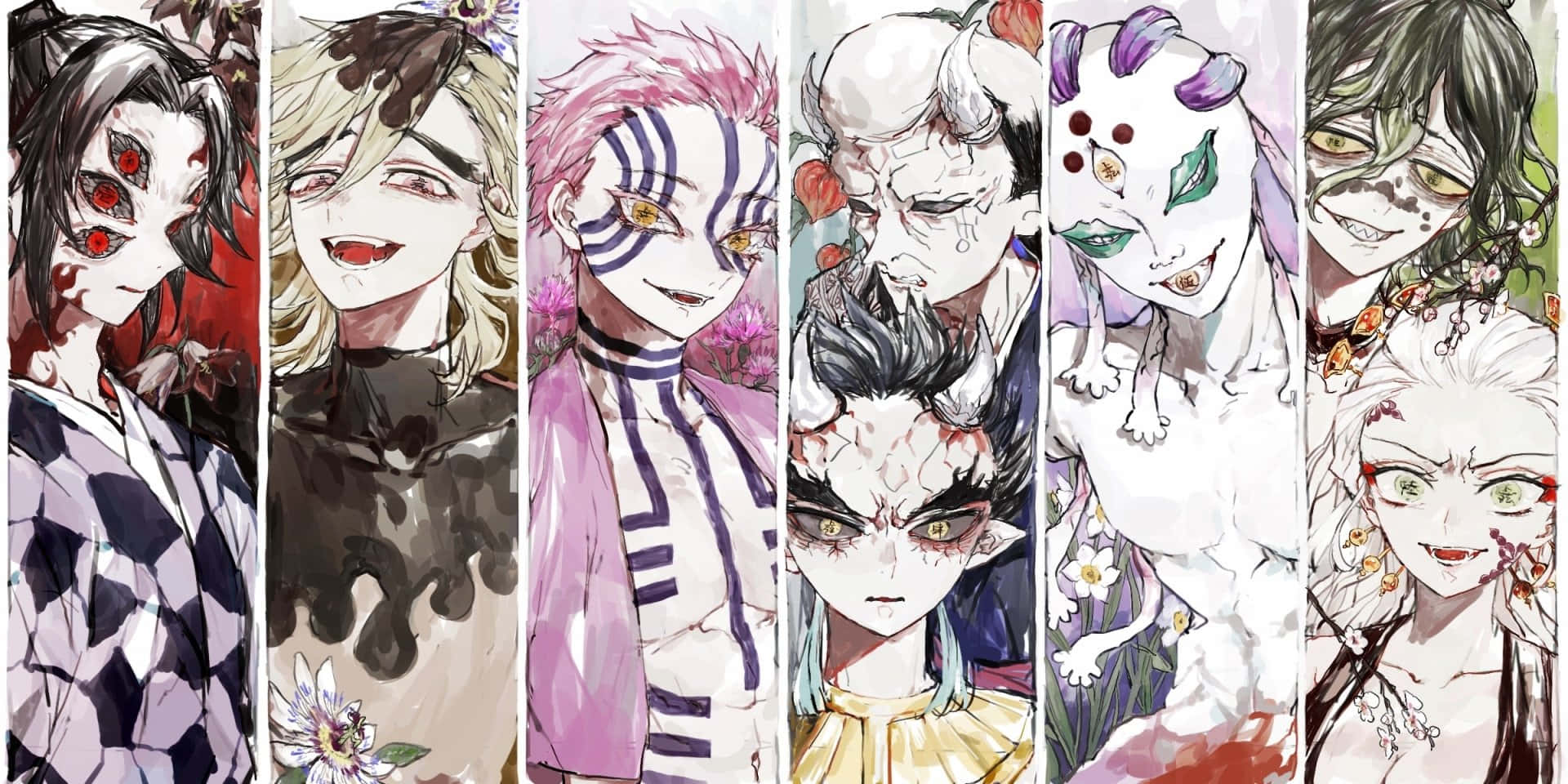 《鬼滅之刃》中的竈門炭治郎與宇髄天元 壁紙 — 七個擁有獨特惡魔特徵和鮮豔服裝的動漫角色，在花卉和抽象背景前垂直排列。